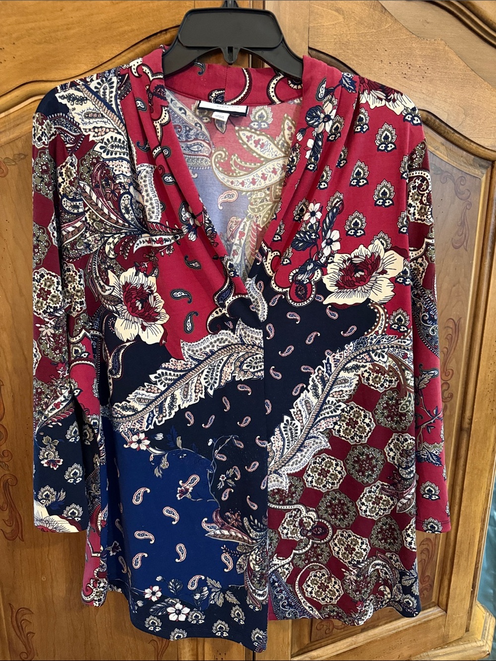Charter Club Women's V-Neck Paisley Floral Tunic Top in Burgundy and Navy
